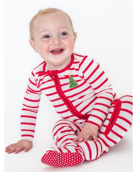 Christmas Tree Embroidered Red & White Stripe One Piece Footie Pajama, Modal Blend