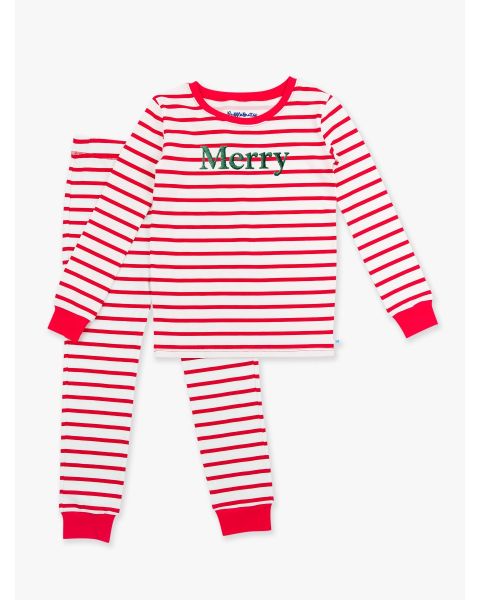 Pine Merry Embroidered Red & White Stripe Long Sleeve Pajama Set, Modal Blend
