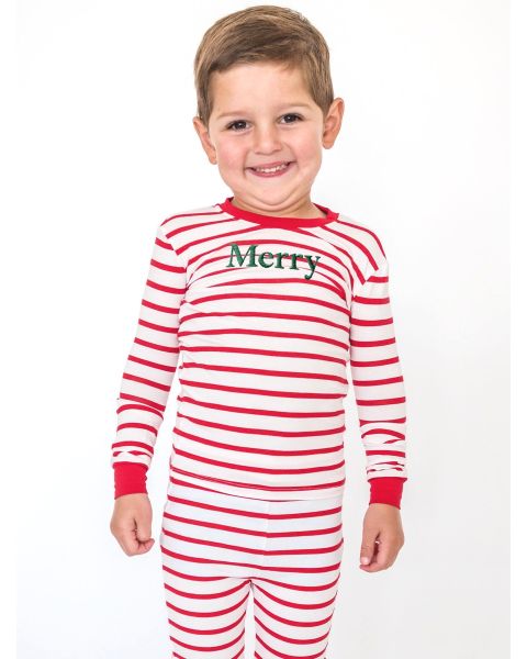 Pine Merry Embroidered Red & White Stripe Long Sleeve Pajama Set, Modal Blend