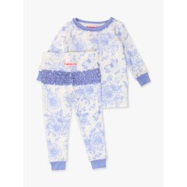 Periwinkle Blue Butterfly Garden Toile Toddler Ruffle Long Sleeve Pajama Set, Bamboo Viscose