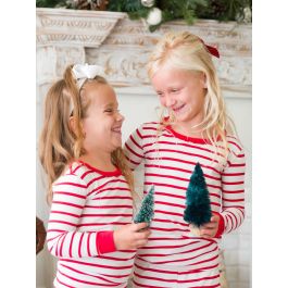 Red & White Stripe Ruffle Long Sleeve Pajama Set, Modal Blend