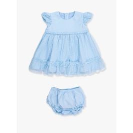Light Blue Dotted Tulle Dress & RuffleButt Bloomer Set
