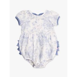 Periwinkle Blue Butterfly Garden Toile Puff Short Sleeve Bow Bubble Romper