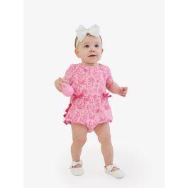 Pink Cottontail Toile Knit Short Sleeve Bow Bubble Romper