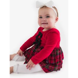 Red Nicholas Plaid Velour & Tulle Long Sleeve Twirl Romper