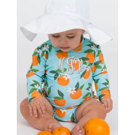 Blue Orange You The Sweetest Long Sleeve One Piece Rash Guard Swimsuit, with Signature Rear Ruffles