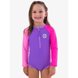 Neon Purple Color Block Long Sleeve Zipper One Piece Rash Guard Swimsuit