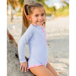Periwinkle Blue Seersucker Girls Long Sleeve One Piece Rash Guard