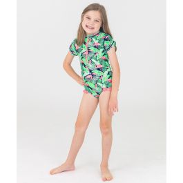 Flamingo Frenzy Girls Short Sleeve One Piece Rash Guard