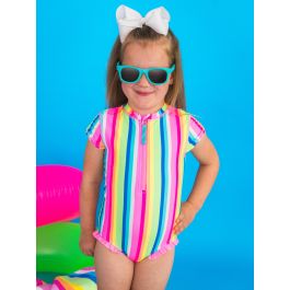 Neon Rainbow Stripe Short Sleeve Rash Guard One Piece Swimsuit