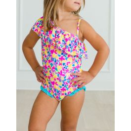 Vibrant Neon One Shoulder Ruffle One Piece