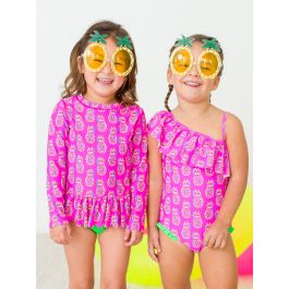 Neon Violet Pineapples One Shoulder Ruffle One Piece