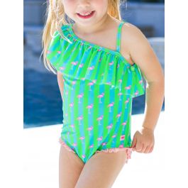 Neon Flamingo Stripe One Shoulder Ruffle One Piece
