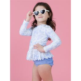 Periwinkle Butterfly Garden Scallop Hem Long Sleeve Rash Guard Bikini