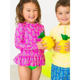Neon Violet Pineapples Scallop Hem Long Sleeve Rash Guard Bikini