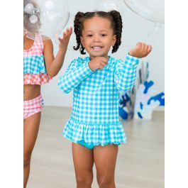 Bright Aqua Gingham Scallop Hem Long Sleeve Rash Guard Bikini