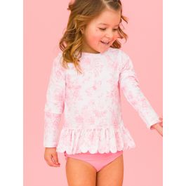 Bubblegum Pink Butterfly Garden Toile Scallop Hem Long Sleeve Rash Guard Bikini