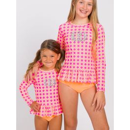 Neon Sherbet Cane Scallop Hem Long Sleeve Rash Guard 2-Piece, with Signature Rear Ruffles