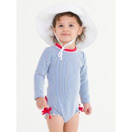 Blue Seersucker Long Sleeve One Piece Rash Guard
