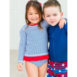 Blue Seersucker Long Sleeve Rash Guard Bikini Swimsuit