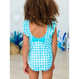 Bright Aqua Gingham Waterfall One Piece