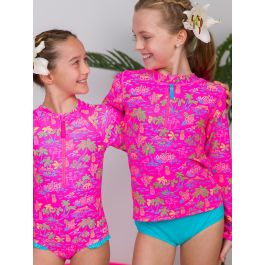 Neon Island Time Girls Long Sleeve Zipper Rash Guard 2-Piece