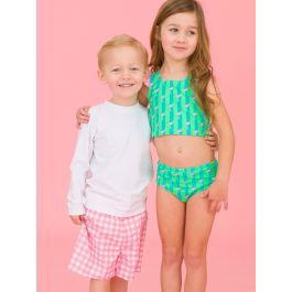 Neon Flamingo Stripe Girls Racerback Flutter Tankini