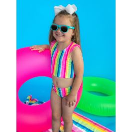 Neon Rainbow Stripe Racerback Flutter Tankini 2-Piece Swimsuit