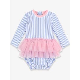 Seersucker Tulle Skirted One Piece Rash Guard Swimsuit