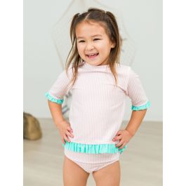 Pink Seersucker Short Sleeve Ruffle Rash Guard Bikini