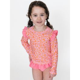 Pink Leopard Flutter Long Sleeve Rash Guard Skirted 2-Piece Swimsuit