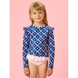 Navy Coastal Charm Flutter Long Sleeve Rash Guard Skirted 2-Piece Swimsuit