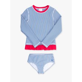 Blue Seersucker Girls Seersucker Long Sleeve Rash Guard Bikini Swimsuit