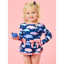 Whale Harbor Long Sleeve One Piece Bow Peplum Rash Guard Swimsuit