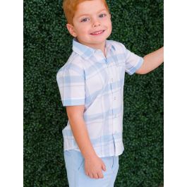 Light Blue Windowpane Short Sleeve Button Down Shirt