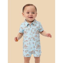 Blue Trail Toile Woven Short Sleeve Button-Up Romper