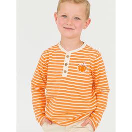 Pumpkin Orange Stripe Knit Long Sleeve Embroidered Henley Tee