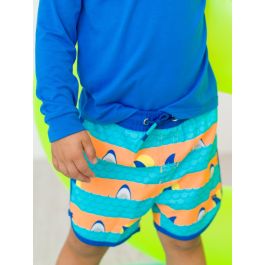 Neon Sharks & Stripes Dolphin Hem Swim Trunks