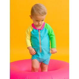 Neon Color Block Long Sleeve One Piece Rash Guard