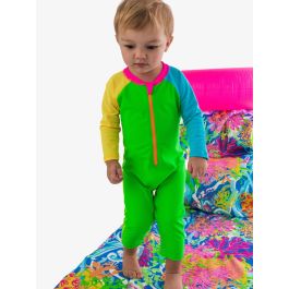Neon Color Block Full Length Long Sleeve Rash Guard One Piece Swimsuit