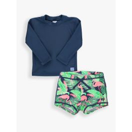 Navy Long Sleeve Rash Guard & Flamingo Frenzy Swim Shorties Set