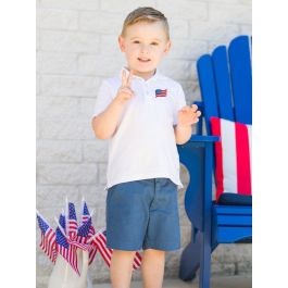 American Flag Embroidered White Short Sleeve Polo