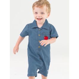 Red Apple Embroidered Boys' Light Wash Denim Button-Up Romper