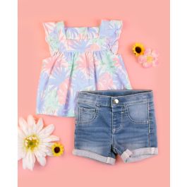 Pastel Palms Tank Top & Light Wash Stretch Denim Shorts Set