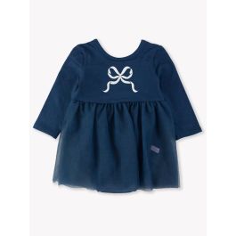White Bow Embroidered Dark Navy Long Sleeve Tulle Skirted Romper