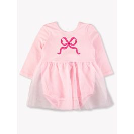 Hot Pink Bow Embroidered Pink Long Sleeve Tulle Skirted Romper