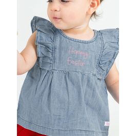 Hoppy Easter Embroidered Light Wash Denim Classic Ruffle Tank Woven
