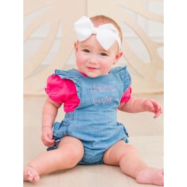 Hoppy Easter Embroidered Light Wash Flutter Overall Romper