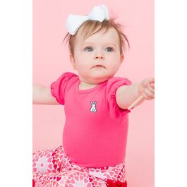 White Bunny Embroidered Hot Pink Knit Puff Short Sleeve Bodysuit