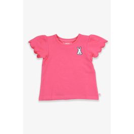 White Bunny Embroidered Hot Pink Short Sleeve Scallop Tee
